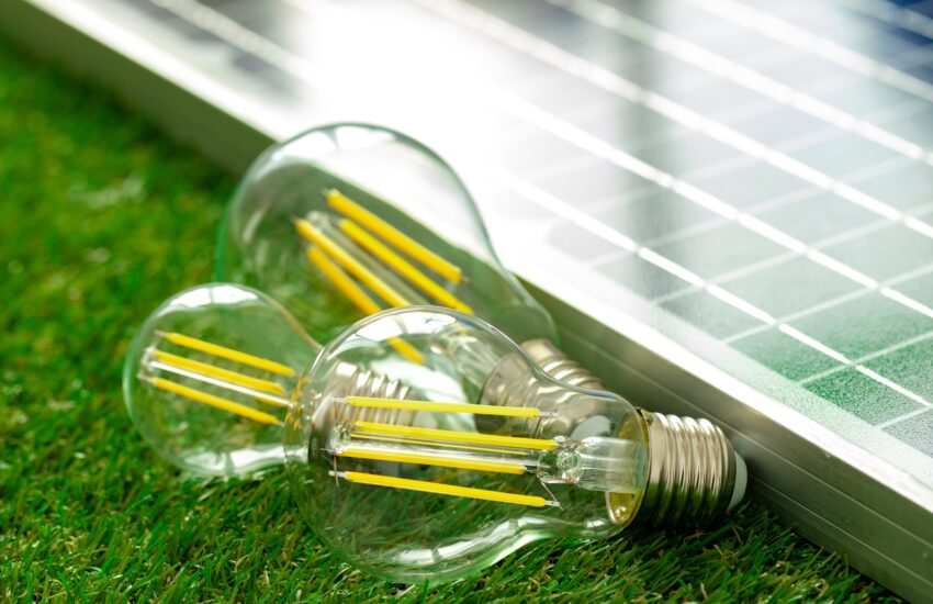 Solar energy panel and light bulb, green energy
