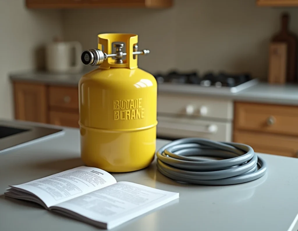 Comparaison détendeur butane et propane posés sur un plan de travail de cuisine intérieure