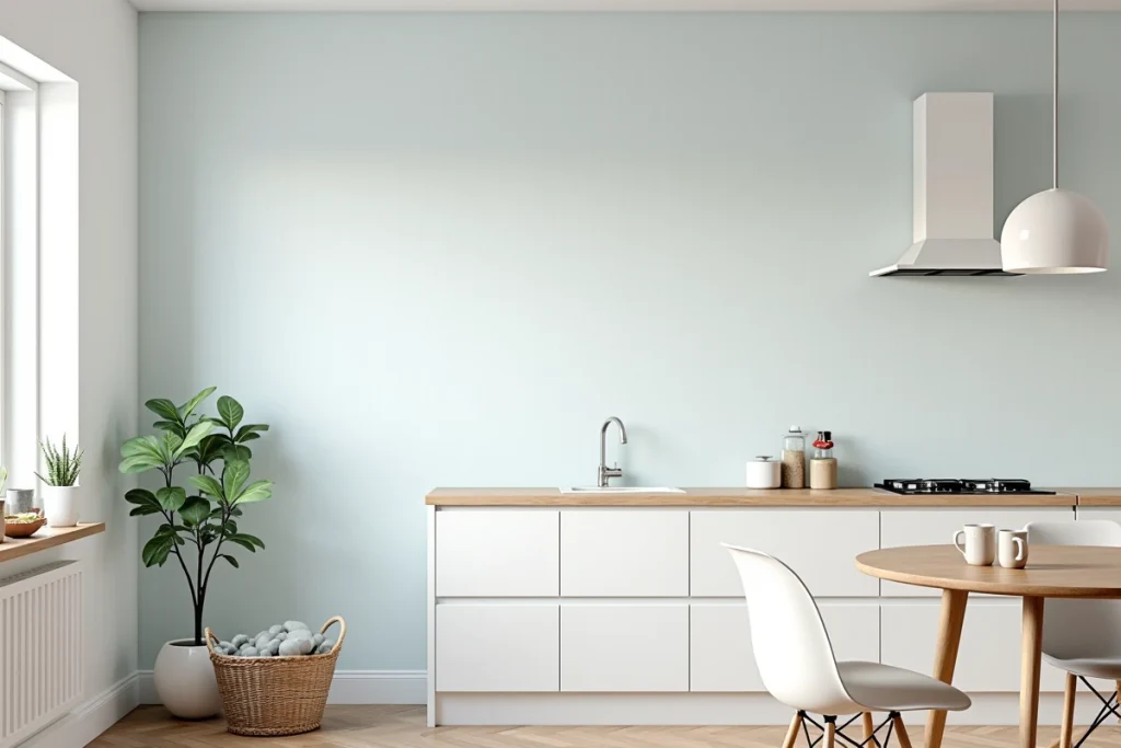 Vue large d'une cuisine scandinave avec mur recouvert de tapisserie lavable bleu et blanc motif carrelage