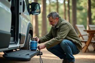 Homme connectant un détendeur butane à un réchaud de camping-car en extérieur dans un camping sous les pins