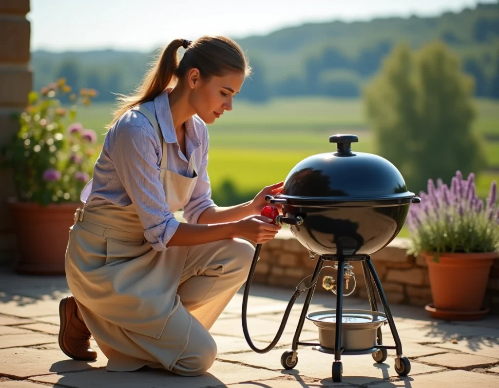 Femme réglant un détendeur propane rouge sur un barbecue de terrasse avec vue sur la campagne