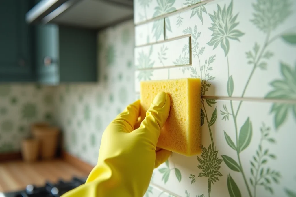 Gros plan d'une tapisserie lavable verte avec éponge et gant en caoutchouc pour nettoyage facile