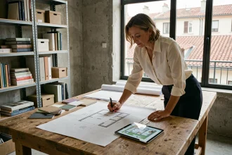 Architecte d'intérieur lyonnaise travaillant sur les plans d'un projet complexe dans son studio de conception