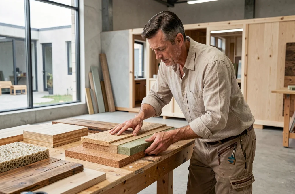Architecte examinant des matériaux écologiques isolants en liège recyclé et fibre de chanvre dans un showroom de maisons modulaires