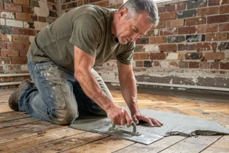 Artisan appliquant du ragréage sur un plancher en bois ancien avec une règle en acier lors d'une rénovation intérieure