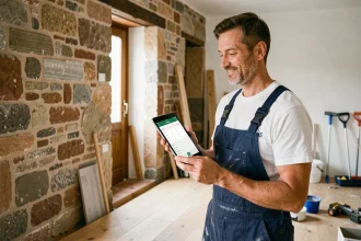 Artisan en salopette bleue consultant une tablette avec un devis de rénovation dans un appartement strasbourgeois à murs en grès rose