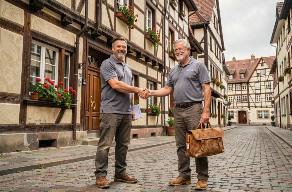 Deux artisans strasbourgeois se serrant la main devant une façade à colombages alsacienne après une mise en relation via artisan-en-1-clic.fr