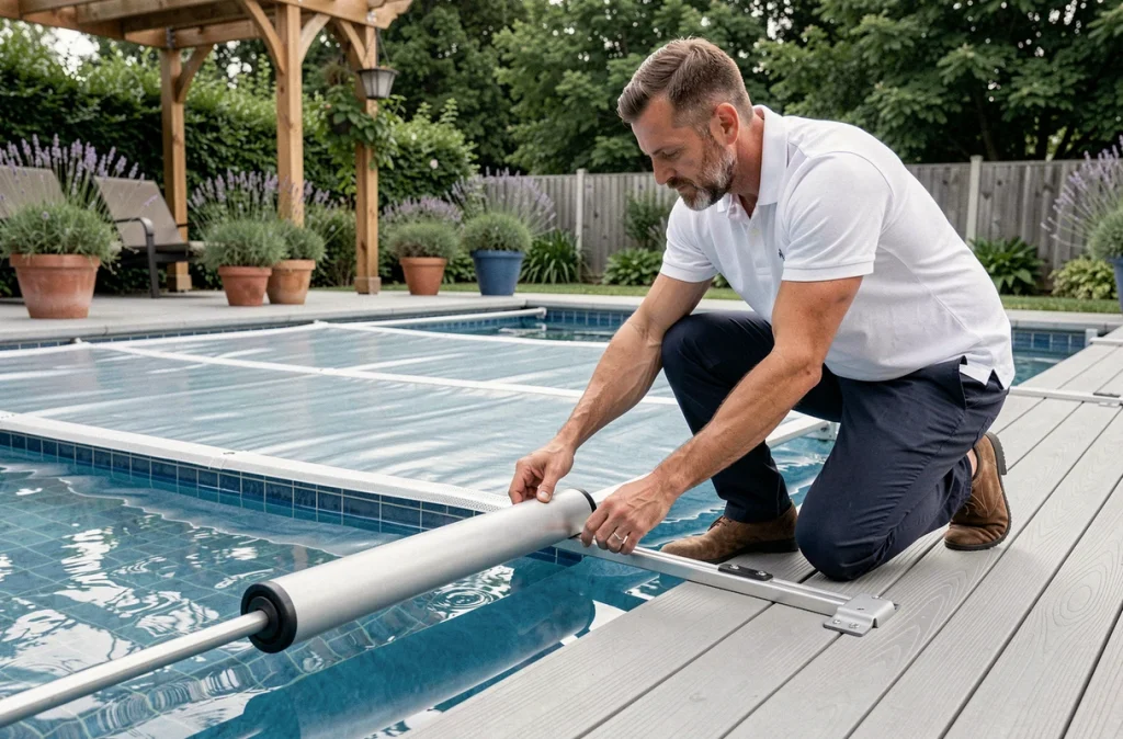 Homme installant une bâche solaire de couverture sur une piscine rectangulaire pour limiter l'évaporation de l'eau.