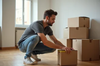 Homme mesurant des cartons de déménagement avec un mètre ruban dans un appartement vide pour calculer le volume en m3