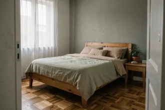 Chambre d'appartement aménagée selon les principes du feng shui avec un lit en bois positionné contre un mur solide et des éléments naturels sur la table de chevet