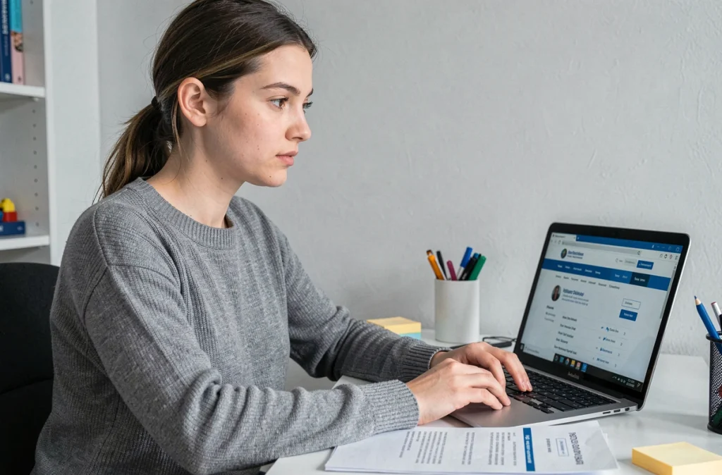Jeune femme effectuant un changement d'adresse en ligne sur le site gouvernemental