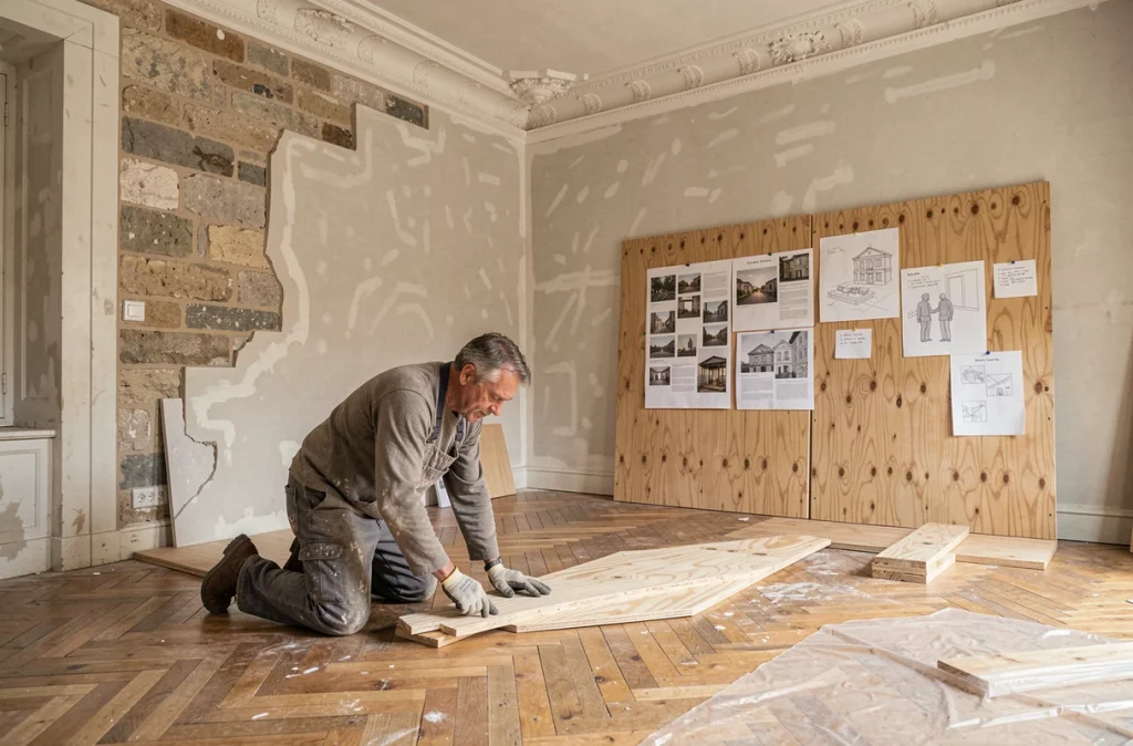 Chantier de rénovation d'un appartement lyonnais avec parquet en chêne et murs en pierre apparente en cours de restauration
