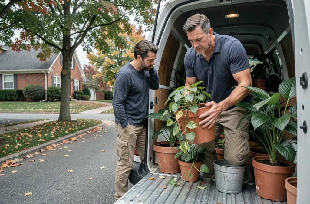 Homme chargeant des plantes en pots dans un camion de déménagement garé dans une rue résidentielle