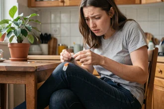 Jeune femme regardant un chewing gum collé sur son jean en denim indigo à la cuisine