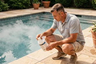 Homme lisant l'étiquette d'un bidon de clarifiant piscine au bord d'une piscine à l'eau trouble