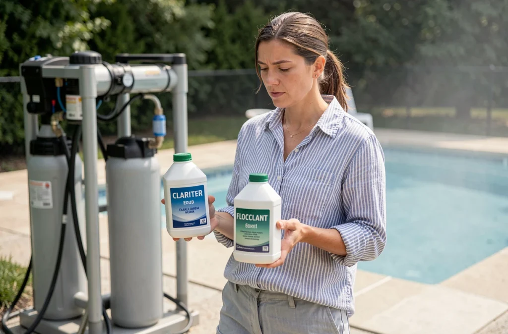 Femme comparant un flacon de clarifiant et un flacon de floculant pour piscine près du local technique