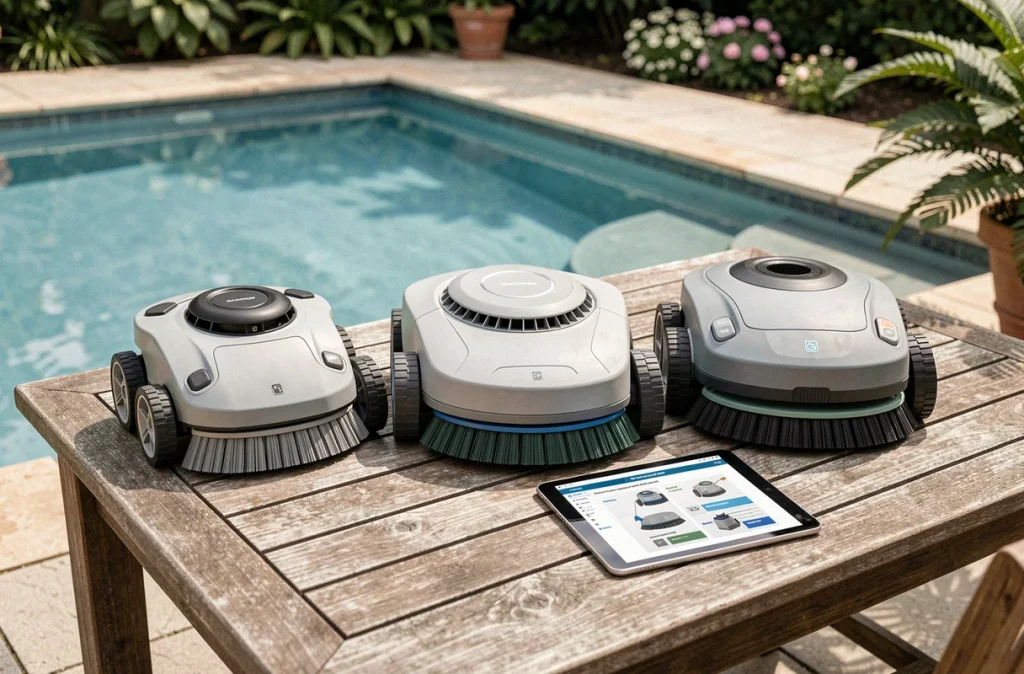 Comparaison de trois modèles de robots de piscine posés sur une table en bois au bord d'une piscine privée