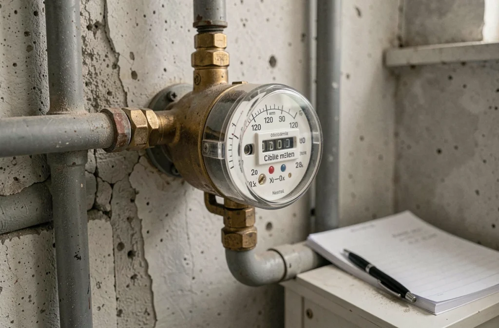 Compteur d'eau en gros plan affichant une mesure en m3 dans un local technique, pour illustrer la consommation d'eau par personne