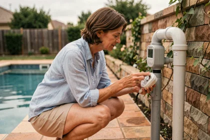 Femme lisant un compteur d'eau installé sur le système de filtration d'une piscine familiale dans un jardin.