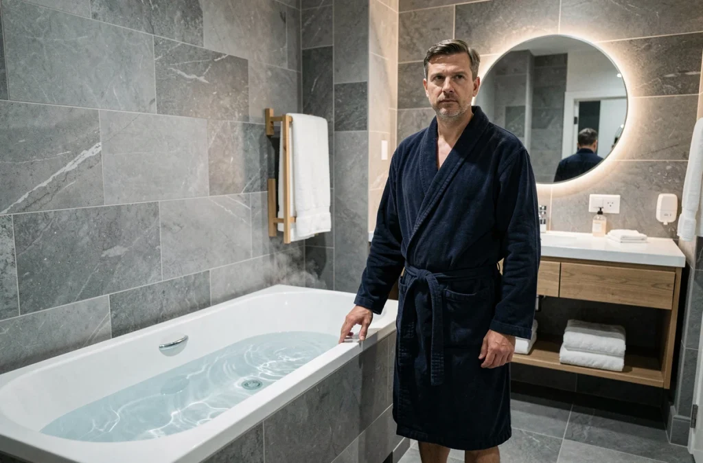 Homme en peignoir observant une baignoire remplie d'eau pour mesurer la consommation d'eau domestique en m3