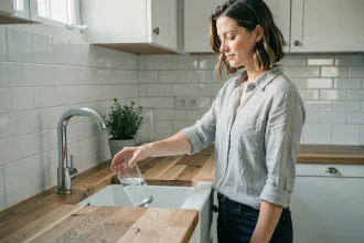 Femme remplissant un verre d'eau au robinet dans une cuisine moderne, illustrant la consommation quotidienne d'eau par personne