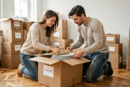 Couple en train d'emballer leurs affaires dans des cartons pour un déménagement organisé au printemps
