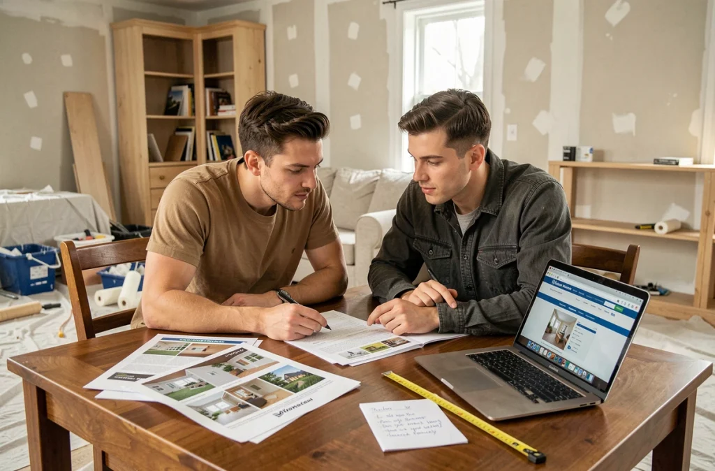 Couple planifiant leur budget de première rénovation autour de devis de location de matériel et d'un ordinateur portable