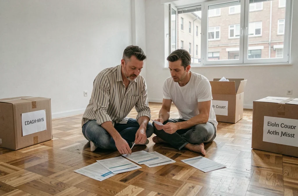 Couple assis sur le sol d'un appartement vide révisant leurs documents de contrats d'énergie avant d'emménager