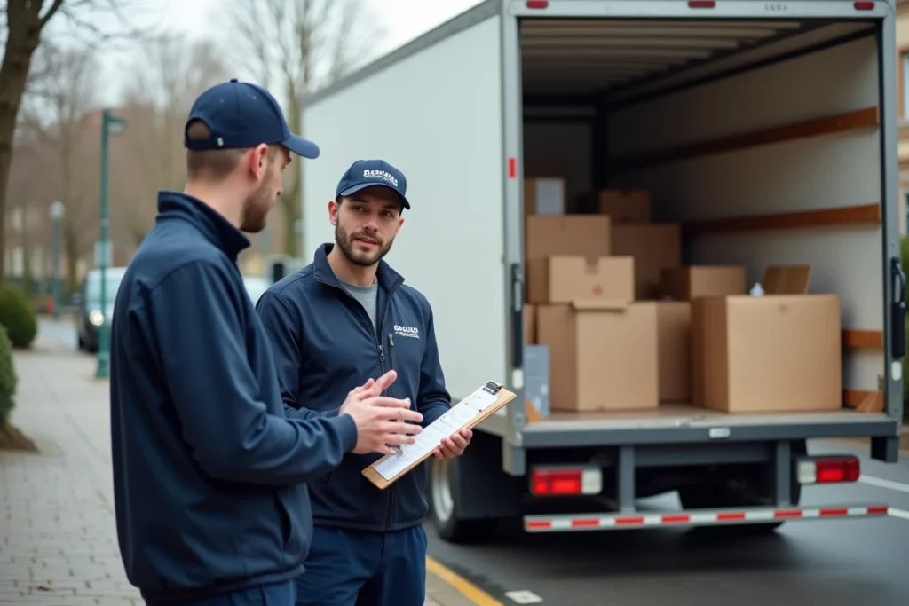 Deux déménageurs professionnels consultant un plan de chargement devant un camion de déménagement rempli de meubles emballés dans une rue résidentielle