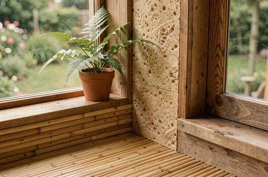 Détail intérieur d'une maison modulaire écologique avec parquet en bambou, carrelage en mycélium et menuiserie en chêne recyclé