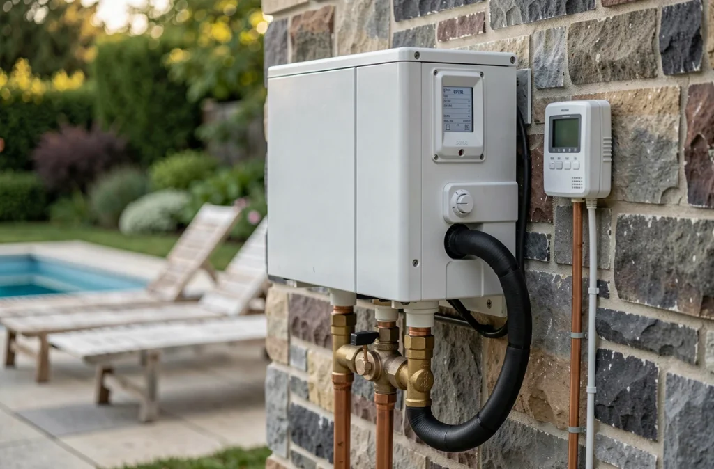 Détail technique d'une pompe à chaleur connectée à un système de chauffage de piscine