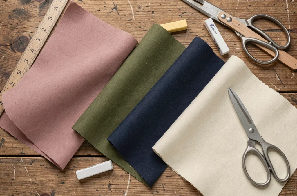 Vue de dessus d'échantillons de tissus coton enduits colorés avec des outils de couture sur une surface en chêne
