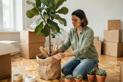 Femme emballant une grande plante en pot avec du papier kraft avant un déménagement dans un appartement