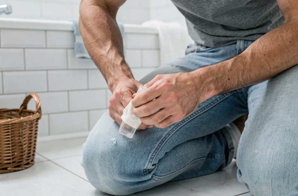 Homme appliquant un glaçon sur un chewing gum incrusté dans un jean bleu clair sur le genou