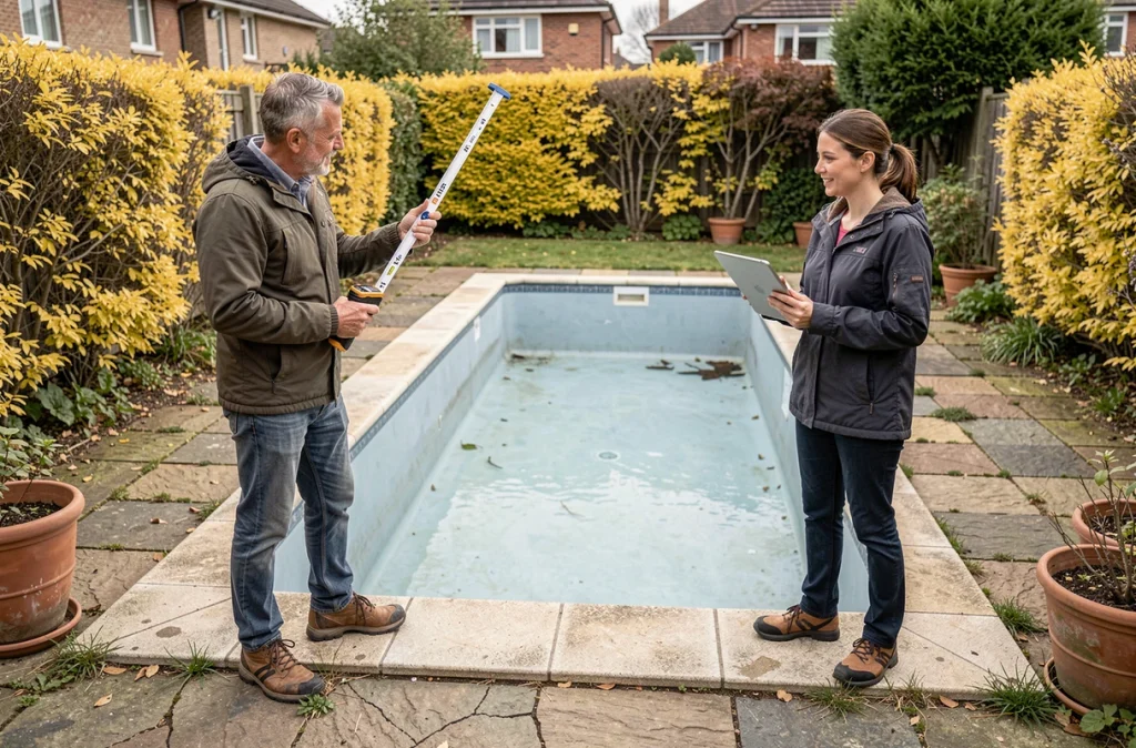 Deux professionnels mesurant et évaluant l'état général d'une ancienne piscine extérieure vide en vue d'une rénovation complète