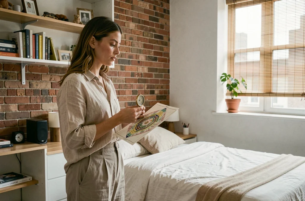 Femme consultant une carte feng shui et une boussole dans sa chambre d'appartement pour déterminer la meilleure orientation de son lit