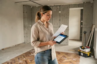 Femme consultant un budget de rénovation sur tablette dans un appartement en travaux avec matériaux et outils de location visibles