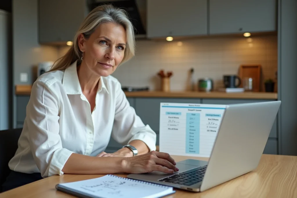 Femme calculant le volume en m3 de son déménagement sur un ordinateur portable avec des notes manuscrites sur une table en bois