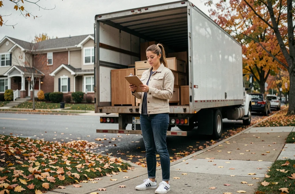 Femme consultant une liste de contrôle devant un camion de déménagement en automne dans une rue résidentielle