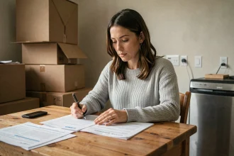 Femme consultant des documents de contrats d'énergie avant un déménagement, entourée de cartons dans un appartement