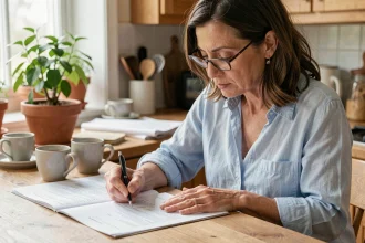 Femme remplissant des formulaires administratifs de changement d'adresse à la maison