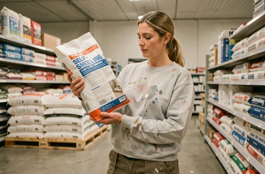 Femme comparant les mentions sur un sac de ragréage autolissant dans un magasin de bricolage