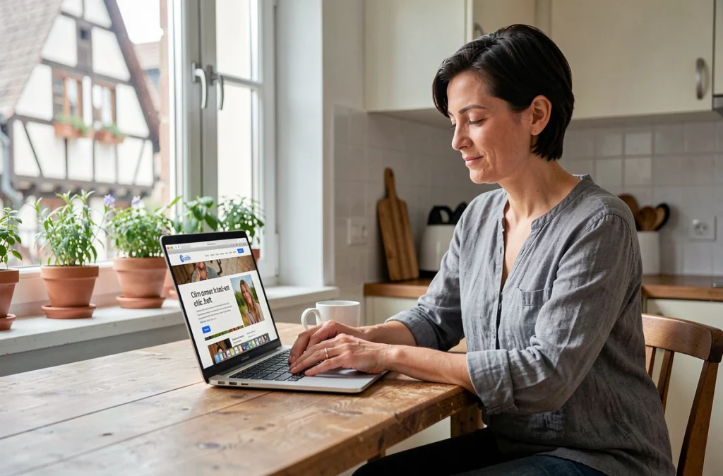 Femme strasbourgeoise recherchant un artisan en ligne sur le site artisan-en-1-clic.fr depuis sa cuisine avec vue sur colombages alsaciens