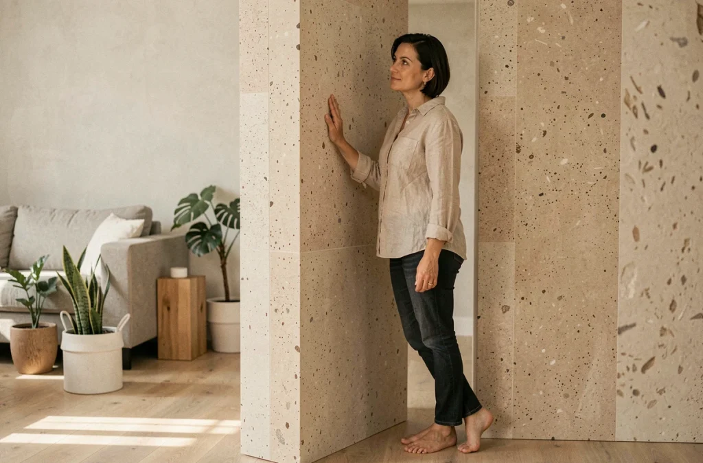 Femme écoutant le silence dans un salon rénové avec des murs en terrasto pour tester l'isolation phonique