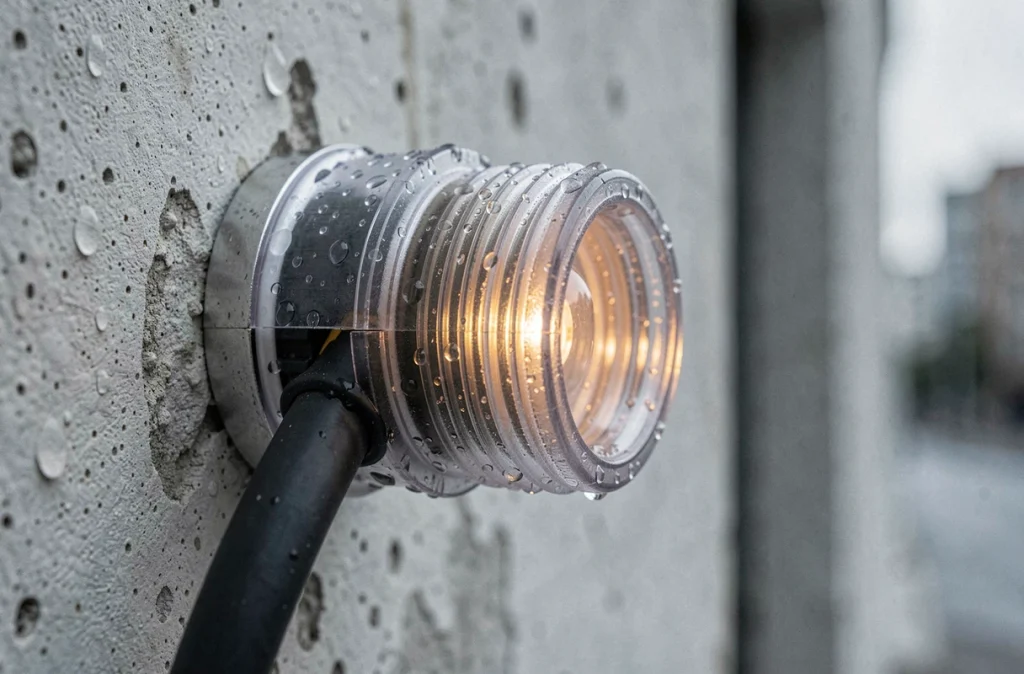 Gros plan sur un raccord étanche à vis pour câble LED extérieur avec gouttes d'eau sur boîtier en polycarbonate fixé sur béton