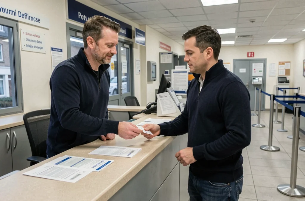 Homme effectuant une démarche de changement d'adresse au guichet de La Poste