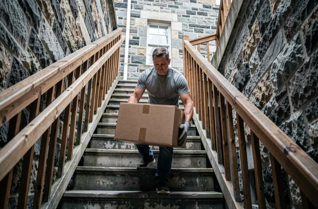 Homme portant un carton dans l'escalier en pierre d'un immeuble ancien lors d'un déménagement soigneusement planifié