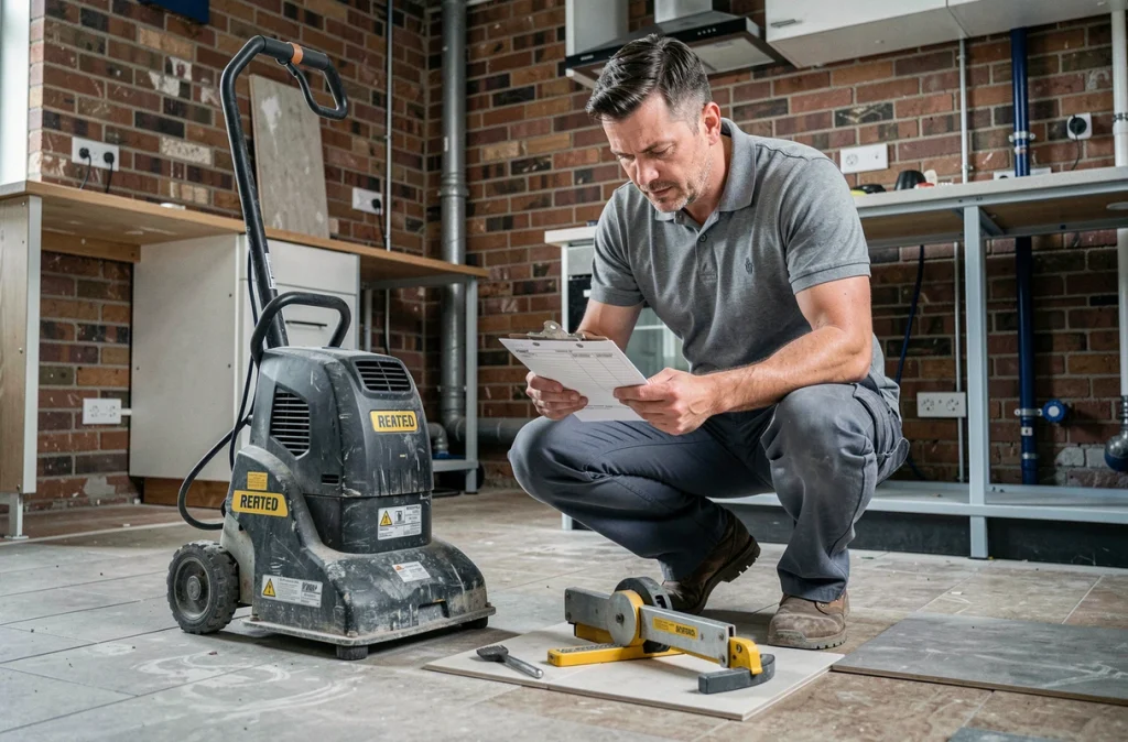 Homme évaluant le coût de location de matériel de travaux dans une cuisine en rénovation avec ponceuse et coupe-carrelage loués