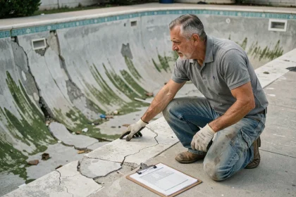 Technicien inspectant les fissures et l'usure du revêtement d'une ancienne piscine vide avant rénovation