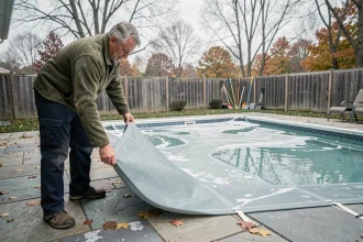 Homme installant une bâche hivernale sur une piscine extérieure rectangulaire en automne
